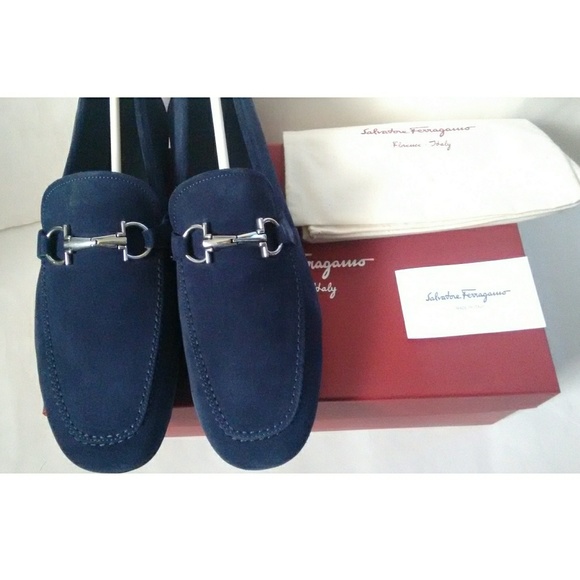 New! SALVATORE FERRAGAMO Blue Suede Bit Loafers - Picture 6 of 8